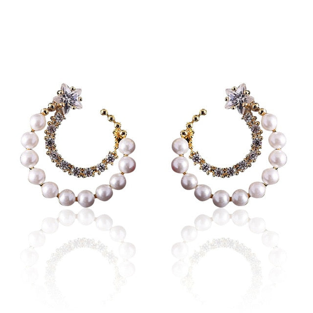 Women Trendy Round Pearl Stud Simple Rhinestone Earring Crystal Fine Jewelry