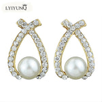 Women Trendy Round Pearl Stud Simple Rhinestone Earring Crystal Fine Jewelry