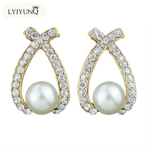 Women Trendy Round Pearl Stud Simple Rhinestone Earring Crystal Fine Jewelry