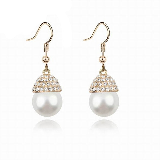 Women Trendy Round Pearl Stud Simple Rhinestone Earring Crystal Fine Jewelry