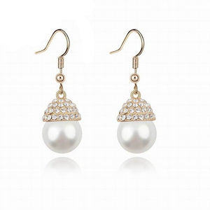 Women Trendy Round Pearl Stud Simple Rhinestone Earring Crystal Fine Jewelry