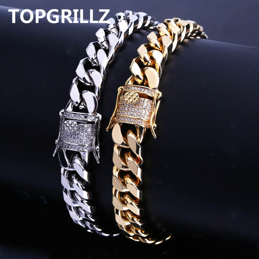 Fashion Gold/Silver Men.Women Color Micro CZ Stone Bracelet 11mm Width Link Chain Bracelets