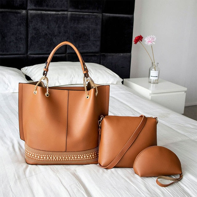 Large Leather Shoulder Handbag Set