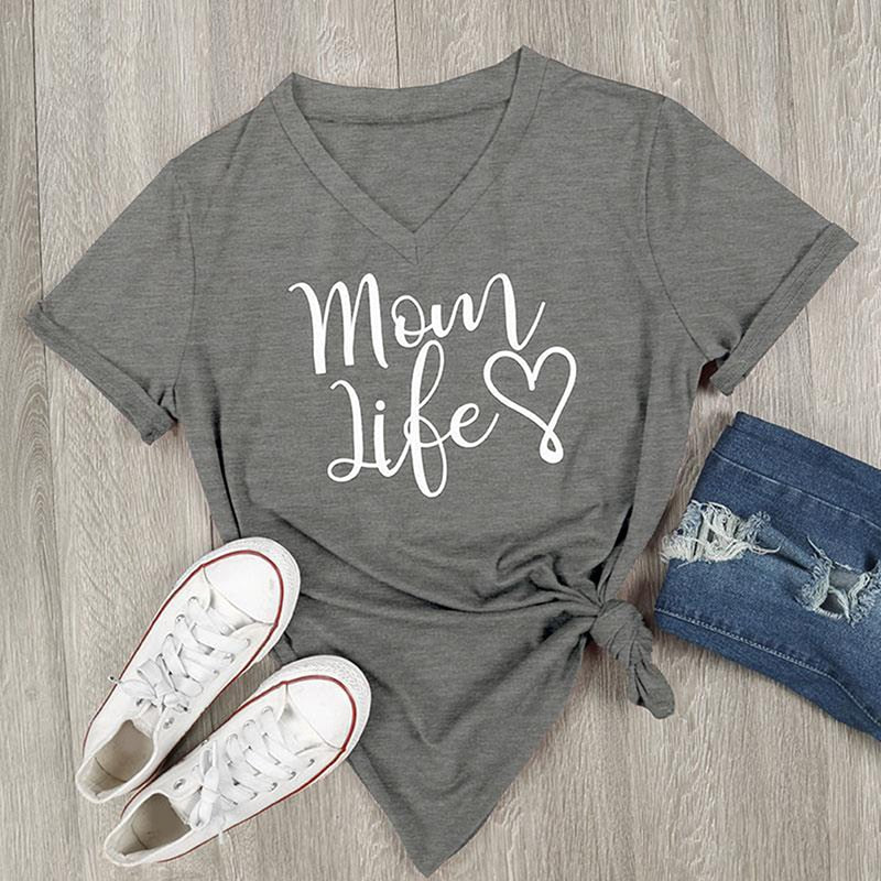 Mom Life Letter Printed V-Neck Women Short Sleeve Loose T-Shirts