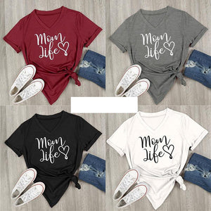 Mom Life Letter Printed V-Neck Women Short Sleeve Loose T-Shirts