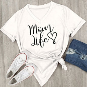 Mom Life Letter Printed V-Neck Women Short Sleeve Loose T-Shirts