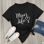 Mom Life Letter Printed V-Neck Women Short Sleeve Loose T-Shirts