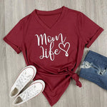 Mom Life Letter Printed V-Neck Women Short Sleeve Loose T-Shirts