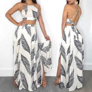 Summer New Arrival Leaf Print Backless Elegant Party Suit Set Cami Top&Split Maxi Skirt Set