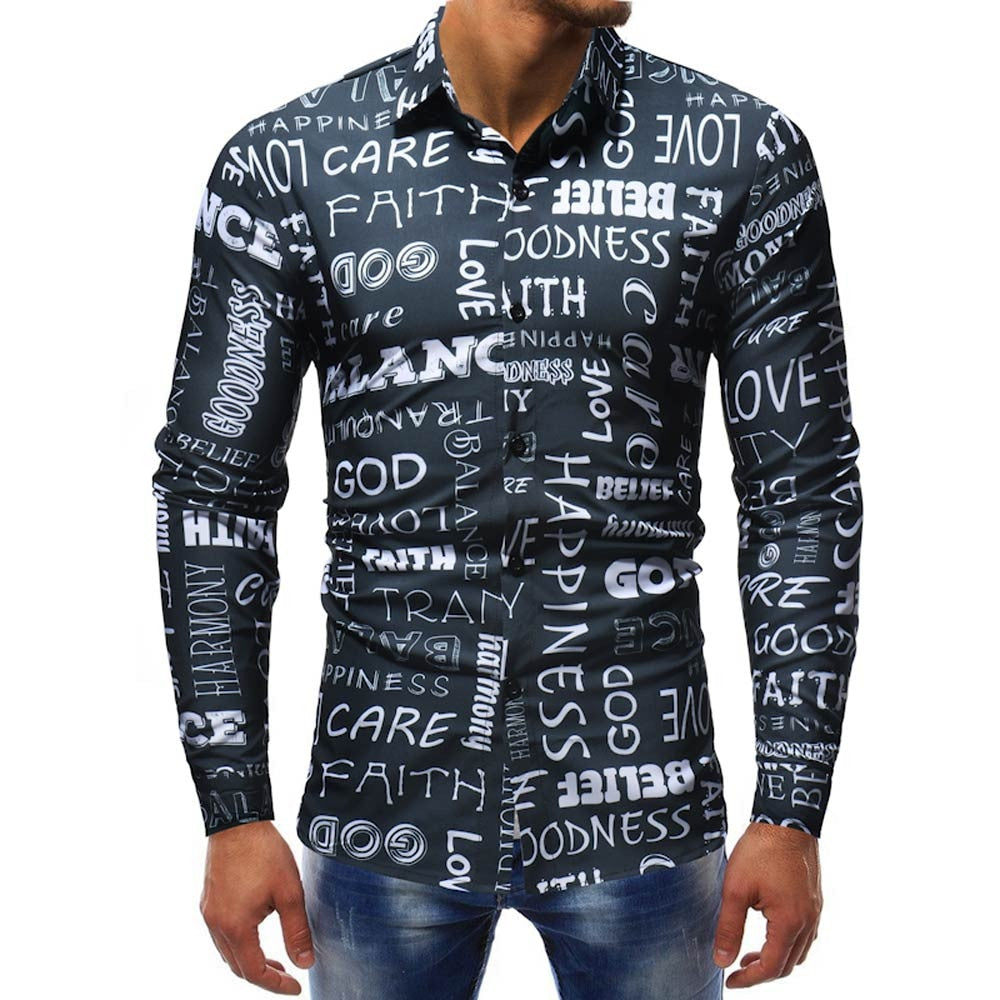 Long Sleeve Vintage Letter Printed Casual Slim Fit Mens Shirt.