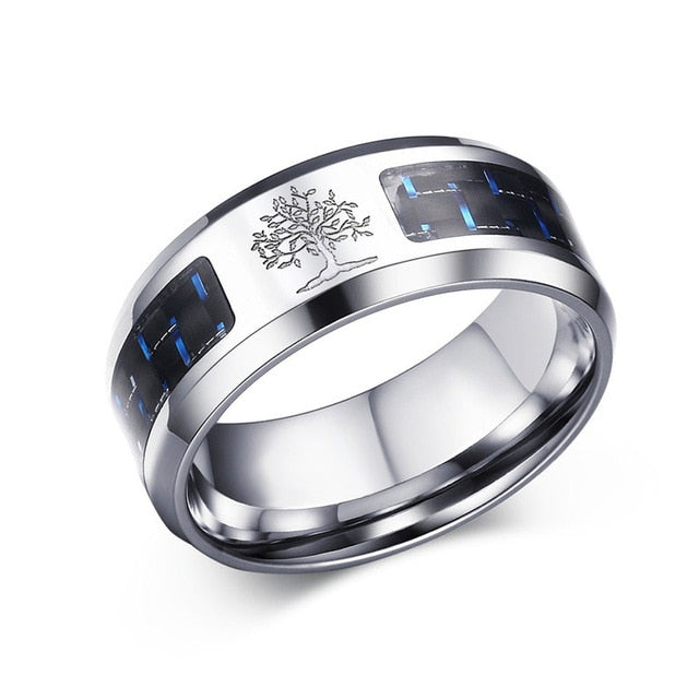 Stainless Steel Jewelry Band 8mm Personalize Carbon Fiber Ring For Men Engraved Tree Of Life