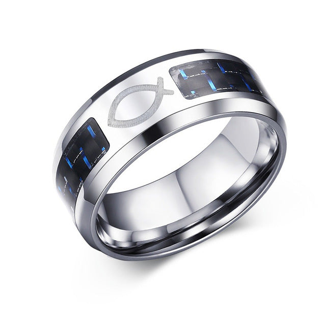 Stainless Steel Jewelry Band 8mm Personalize Carbon Fiber Ring For Men Engraved Tree Of Life