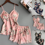 Womens Satin Silk Babydoll Lace Floral Nightwear Pajamas Set V Neck Tops + Lingerie Sleepwear