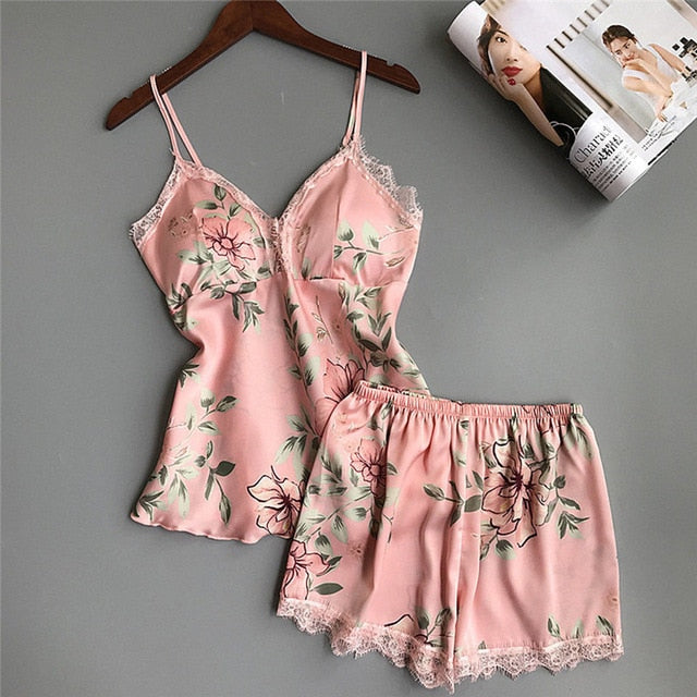 Womens Satin Silk Babydoll Lace Floral Nightwear Pajamas Set V Neck Tops + Lingerie Sleepwear