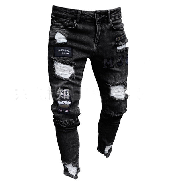 Men Stretchy Ripped Skinny Biker Embroidery Print Slim Fit Jeans