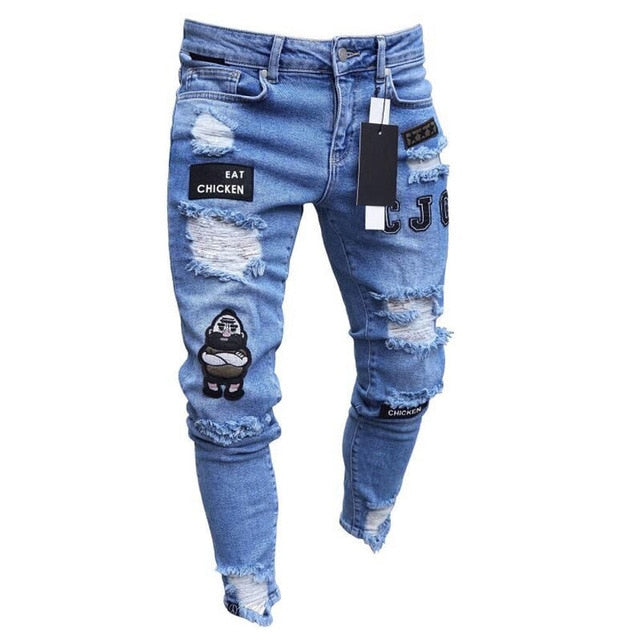 Men Stretchy Ripped Skinny Biker Embroidery Print Slim Fit Jeans