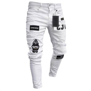 Men Stretchy Ripped Skinny Biker Embroidery Print Slim Fit Jeans