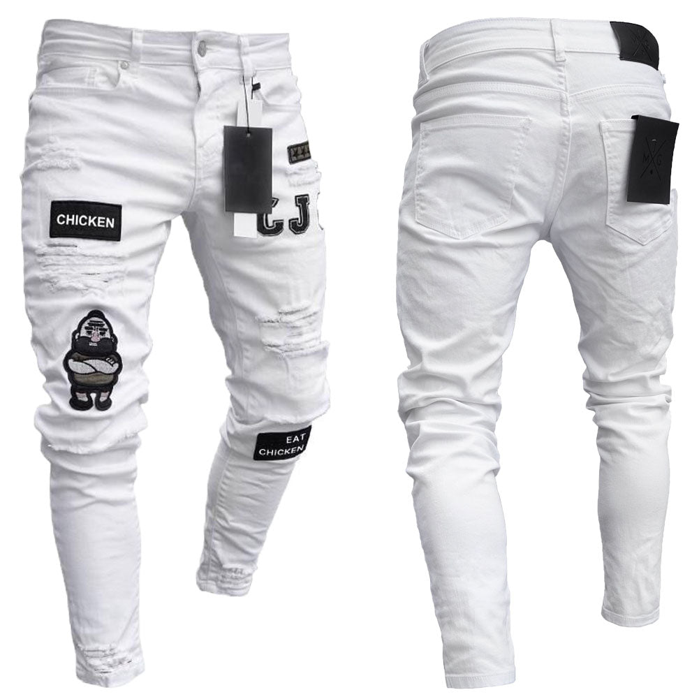 Men Stretchy Ripped Skinny Biker Embroidery Print Slim Fit Jeans