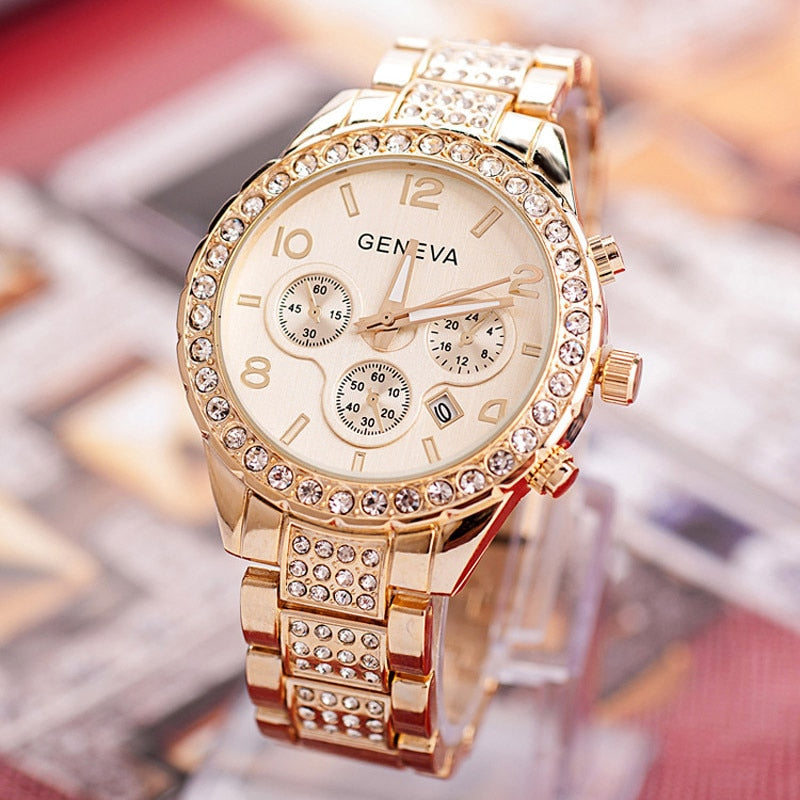 Women Crystal Rhinestone Fashion Luxury Gold Steel Quartz Wristwatches