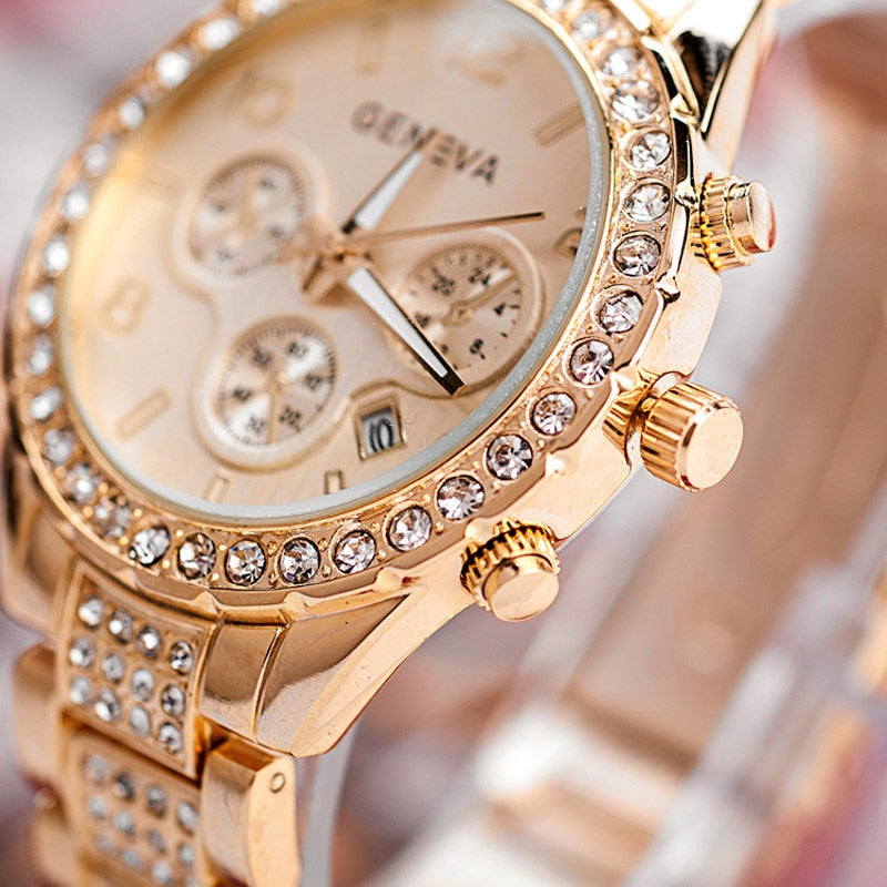 Women Crystal Rhinestone Fashion Luxury Gold Steel Quartz Wristwatches