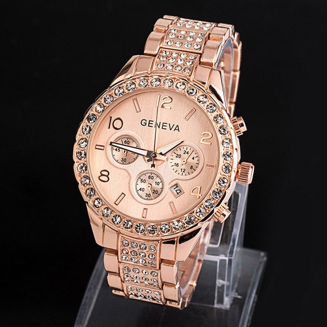 Women Crystal Rhinestone Fashion Luxury Gold Steel Quartz Wristwatches