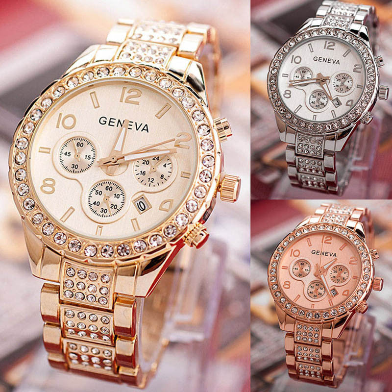 Women Crystal Rhinestone Fashion Luxury Gold Steel Quartz Wristwatches