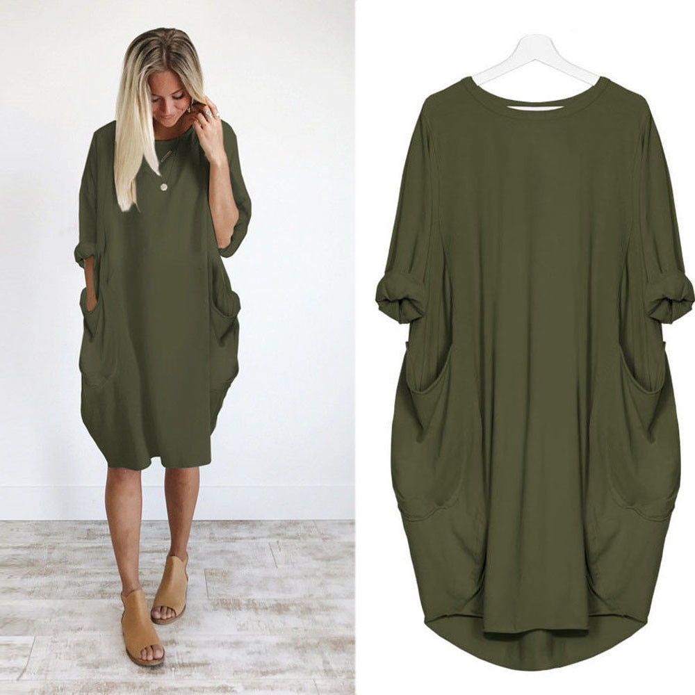 Womens Solid Color Pocket Loose Ladies Crew Neck Casual Long Top Dresses Plus Size