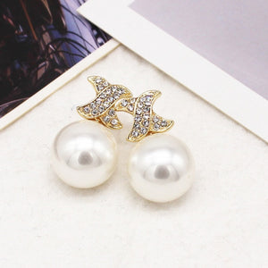 Women Trendy Round Pearl Stud Simple Rhinestone Earring Crystal Fine Jewelry