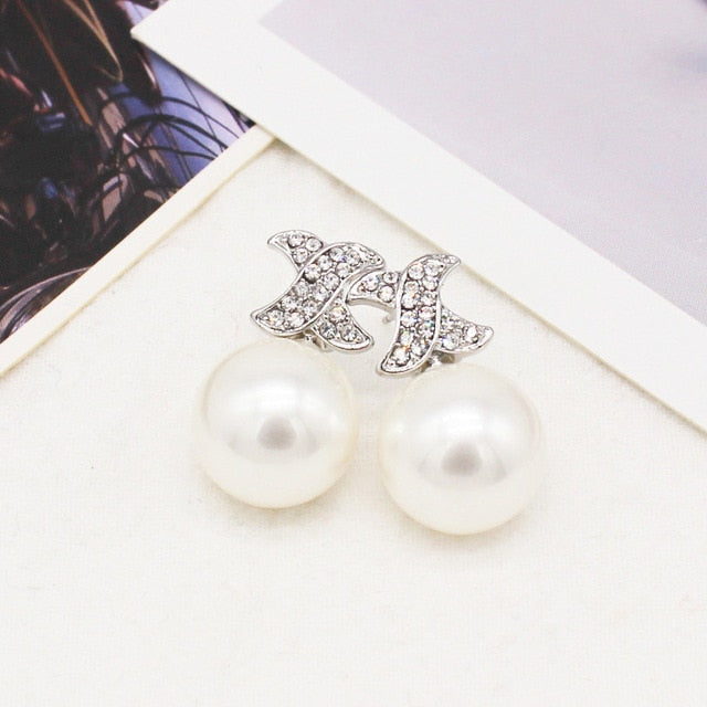 Women Trendy Round Pearl Stud Simple Rhinestone Earring Crystal Fine Jewelry