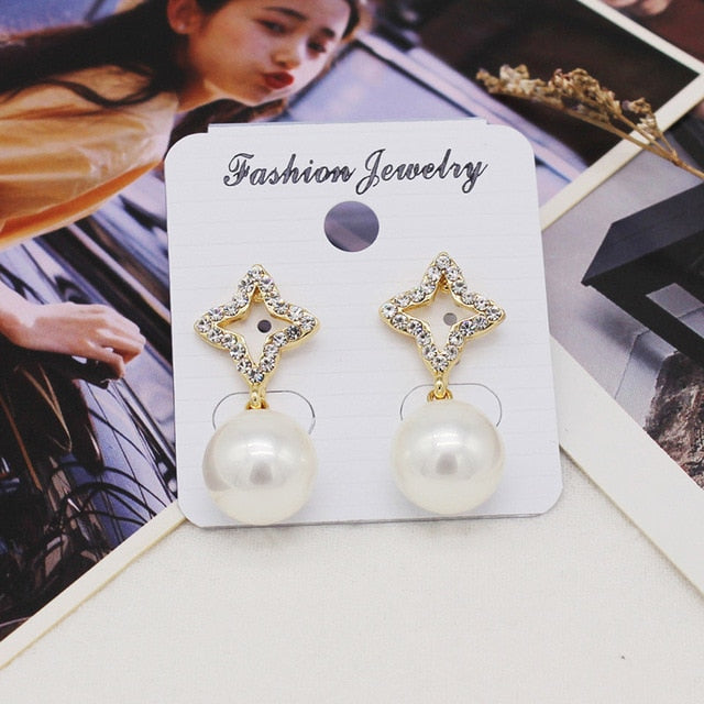 Women Trendy Round Pearl Stud Simple Rhinestone Earring Crystal Fine Jewelry