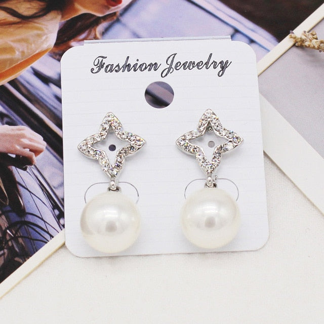 Women Trendy Round Pearl Stud Simple Rhinestone Earring Crystal Fine Jewelry