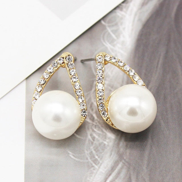 Women Trendy Round Pearl Stud Simple Rhinestone Earring Crystal Fine Jewelry