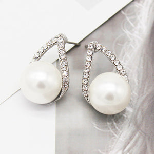 Women Trendy Round Pearl Stud Simple Rhinestone Earring Crystal Fine Jewelry