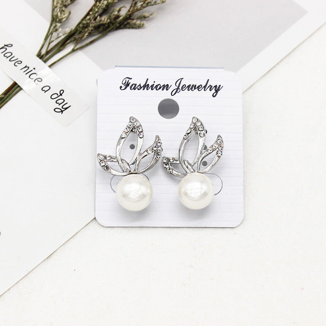 Women Trendy Round Pearl Stud Simple Rhinestone Earring Crystal Fine Jewelry