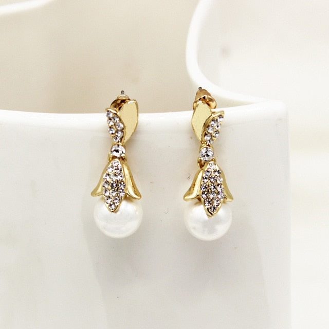 Women Trendy Round Pearl Stud Simple Rhinestone Earring Crystal Fine Jewelry