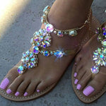 6 Color Woman Rhinestones Chains Gladiator Flat Sandals Crystal Chaussure Plus Size 46