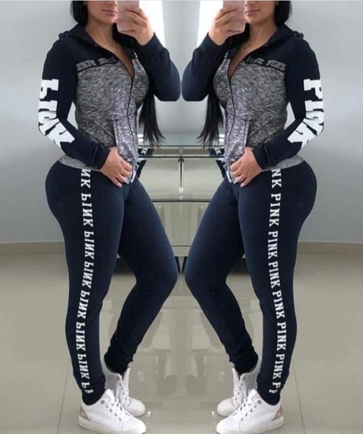 Pink Letter Print  2 Piece Set Zipper Patchwork Hoodies Tops And Pants Sweatshirt set