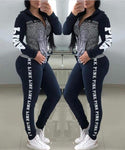 Pink Letter Print  2 Piece Set Zipper Patchwork Hoodies Tops And Pants Sweatshirt set