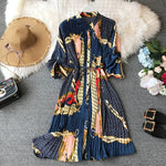 Women Chiffon Loose Printed Pleated Knee-length Dress