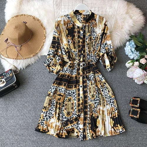 Women Chiffon Loose Printed Pleated Knee-length Dress