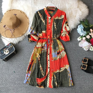 Women Chiffon Loose Printed Pleated Knee-length Dress