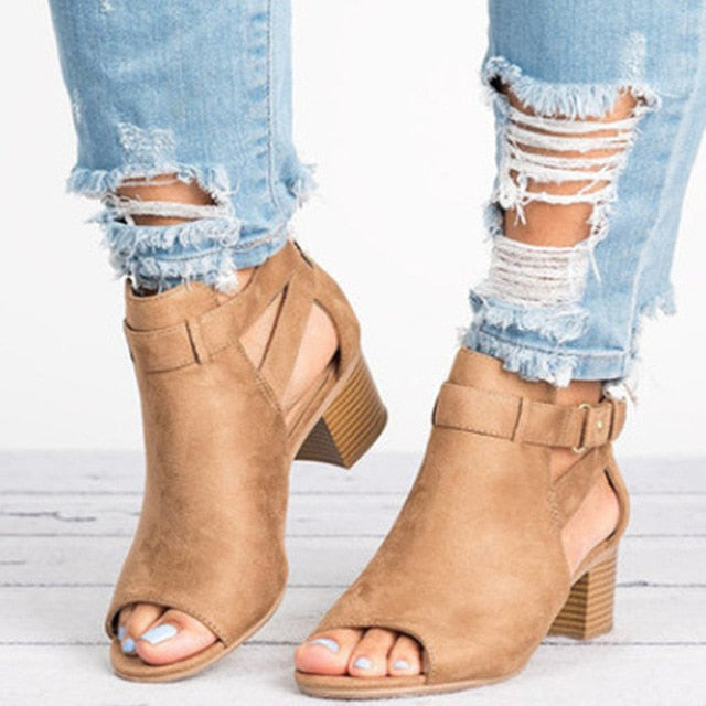 Woman Wedge Buckles Fish Mouth Mid Heel Gladiator Sandals