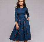 Navy Blue 3/4 Sleeves Printed Women Vintage Pocket A-line Casual Dress