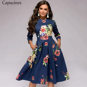 Navy Blue 3/4 Sleeves Printed Women Vintage Pocket A-line Casual Dress