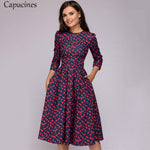 Navy Blue 3/4 Sleeves Printed Women Vintage Pocket A-line Casual Dress