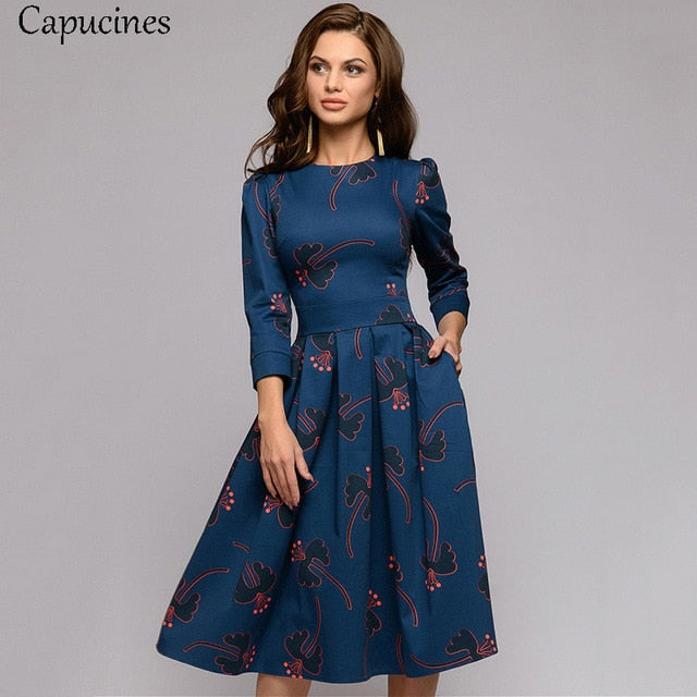 Navy Blue 3/4 Sleeves Printed Women Vintage Pocket A-line Casual Dress