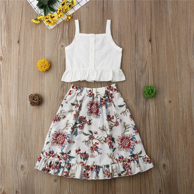 Floral Print Long Ruffle Skirt and Strap Top Outfit Clothing Set 2pcs