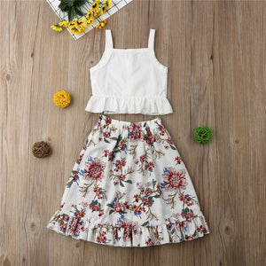 Floral Print Long Ruffle Skirt and Strap Top Outfit Clothing Set 2pcs