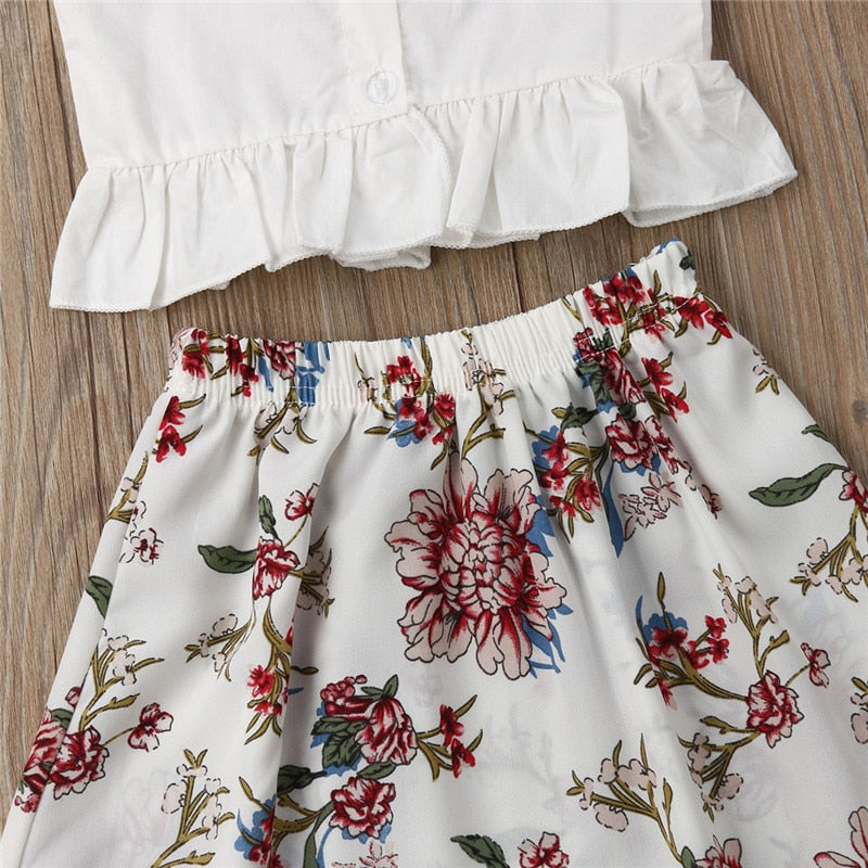 Floral Print Long Ruffle Skirt and Strap Top Outfit Clothing Set 2pcs