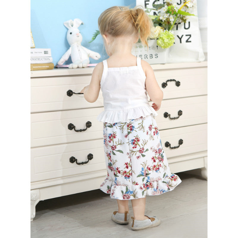 Floral Print Long Ruffle Skirt and Strap Top Outfit Clothing Set 2pcs